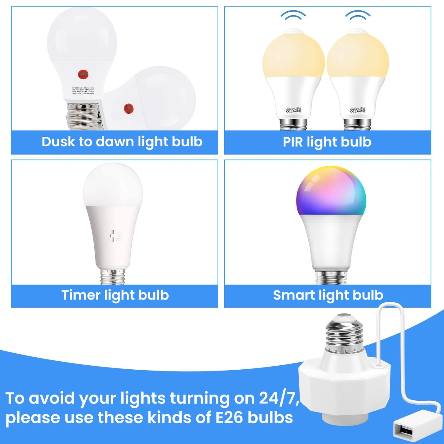 E26 Light Socket USB Adapter Female Plug 120V to 5V Power Converter Splitter Charger Extension Cord for Outdoor Security Cameras Holiday Lights Compatible with WyZe Cams