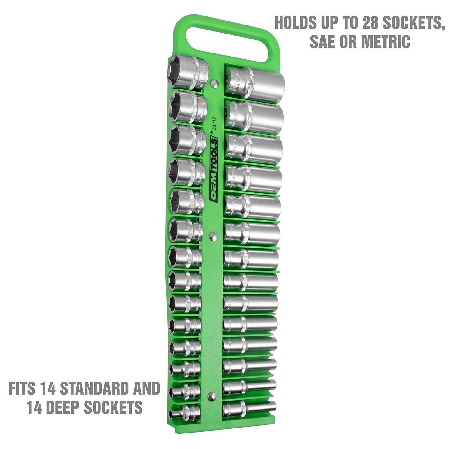 OEMTOOLS 23117 3/8" Drive Portable Magnetic Socket Organizer Tray, Magnetic Socket Holders Organizers For Tool Box, Shop, Or Garage, Holds Up To 28 Tools, Metric/SAE, Green