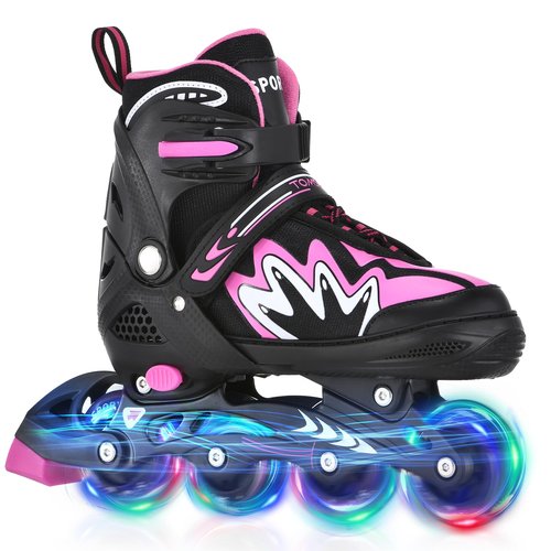TOMSHOO Adjustable Inline Skates for Kids Outdoor Roller Skates with Full Light Up Wheels Fun Illuminating Skates for Girls and Boys Gift (Pink, Medium - Big Kid (13C-3))