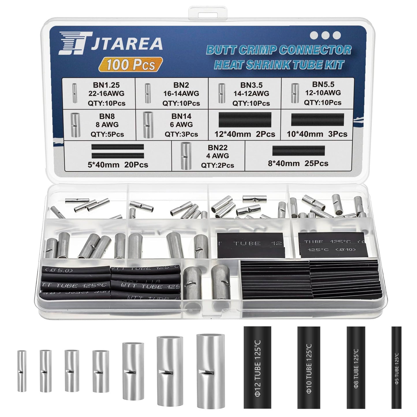 JTAREA 7 Values Non Insulated Butt Connectors Crimp with Heat Shrink Tube Uninsulated Wire Crimps Connector Pure Copper Splice for 22-16 16-14 14-12 12-10 8 6 4 AWG Gauge Wiring (Pack of 100pcs)
