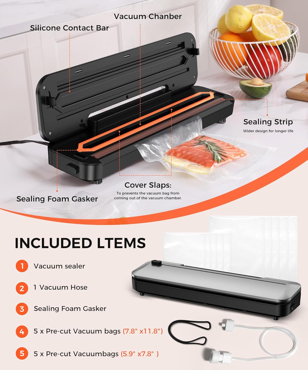 Vacuum Sealer Machine - 6-in-1 Dry/Moist Modes & Digital Timer | Compact Design with 10 Bags (Black/Silver)