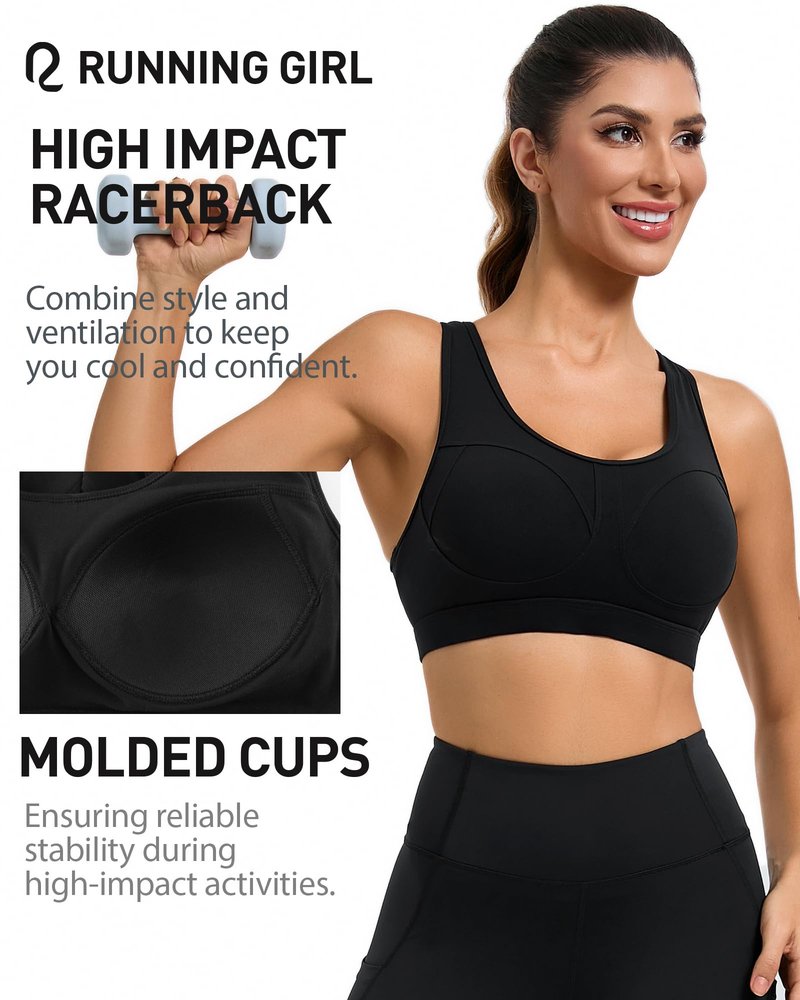 RUNNING GIRL Sports Bras for Women High Support Moulded Cup High Impact Sports Bras Racerback Workout Running Yoga Bra(WX3045 Black M)