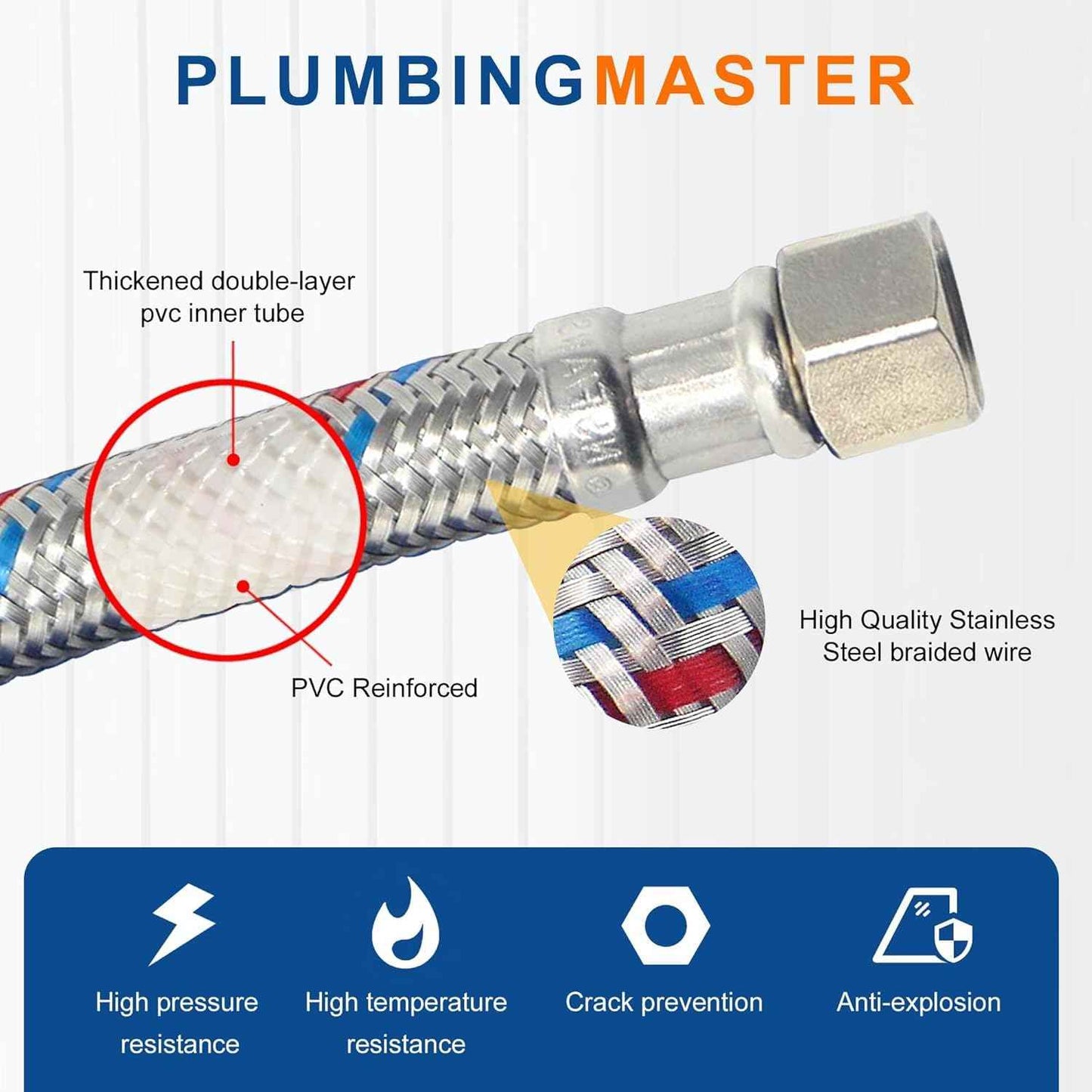 PLUMBINGMSTER 72" Faucet Hose Connector, 3/8" Comp x 1/2" FIP Braided Stainless Steel Faucet Water Supply Lines for Bathroom Kitchen Sink Faucet 2Pcs