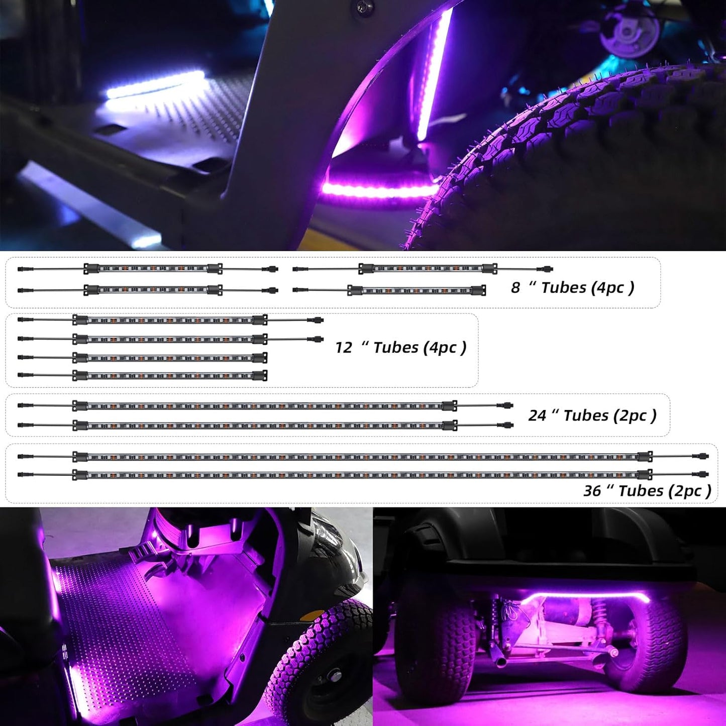 Roykaw Golf Cart LED Strip Lights - Waterproof Neon Accent Kit with Wheel Well & Interior Lights | Sync to Music, Fits 12V-80V, 12 PCS