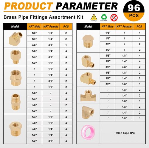 KOOTANS Brass Pipe Fittings Assortment Kit - 96PCS NPT Adapters, Reducers, Elbows & More