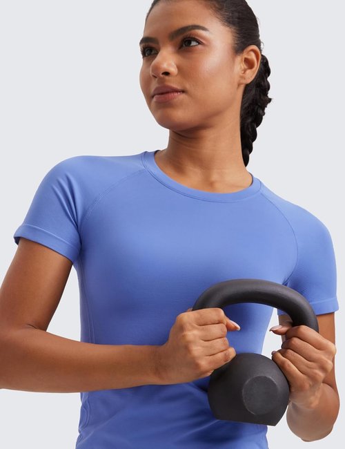 CRZ YOGA Seamless Workout Tops - Breathable Short Sleeve Athletic Tees for Women | Hip Length Gym & Yoga