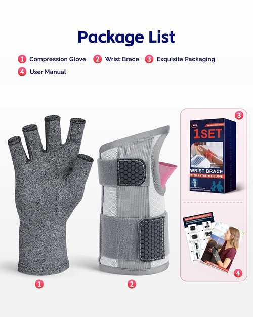 FEATOL Compression Arthritis Glove with Wrist Brace, Comfortable Fingerless Carpal Tunnel Hand Gloves for Women Night Support, Pain Relief for Rheumatoid Arthritis, Work, Typing - Right Hand, Medium