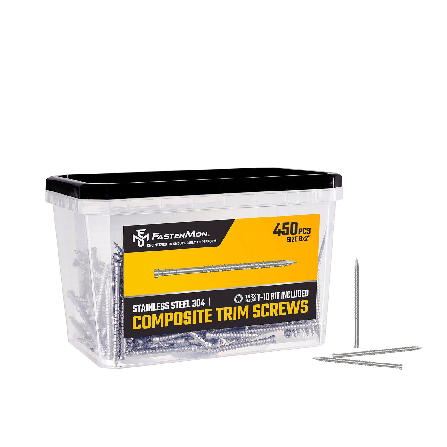 FM FastenMon Composite Trim Screws, #8 x 2” Stainless Steel 304, 450pcs, Hidden Fastener for PVC & Wood, Outdoor Deck, & Exterior, Rust-Resistant, T-10 Star Drive, 2.8lbs