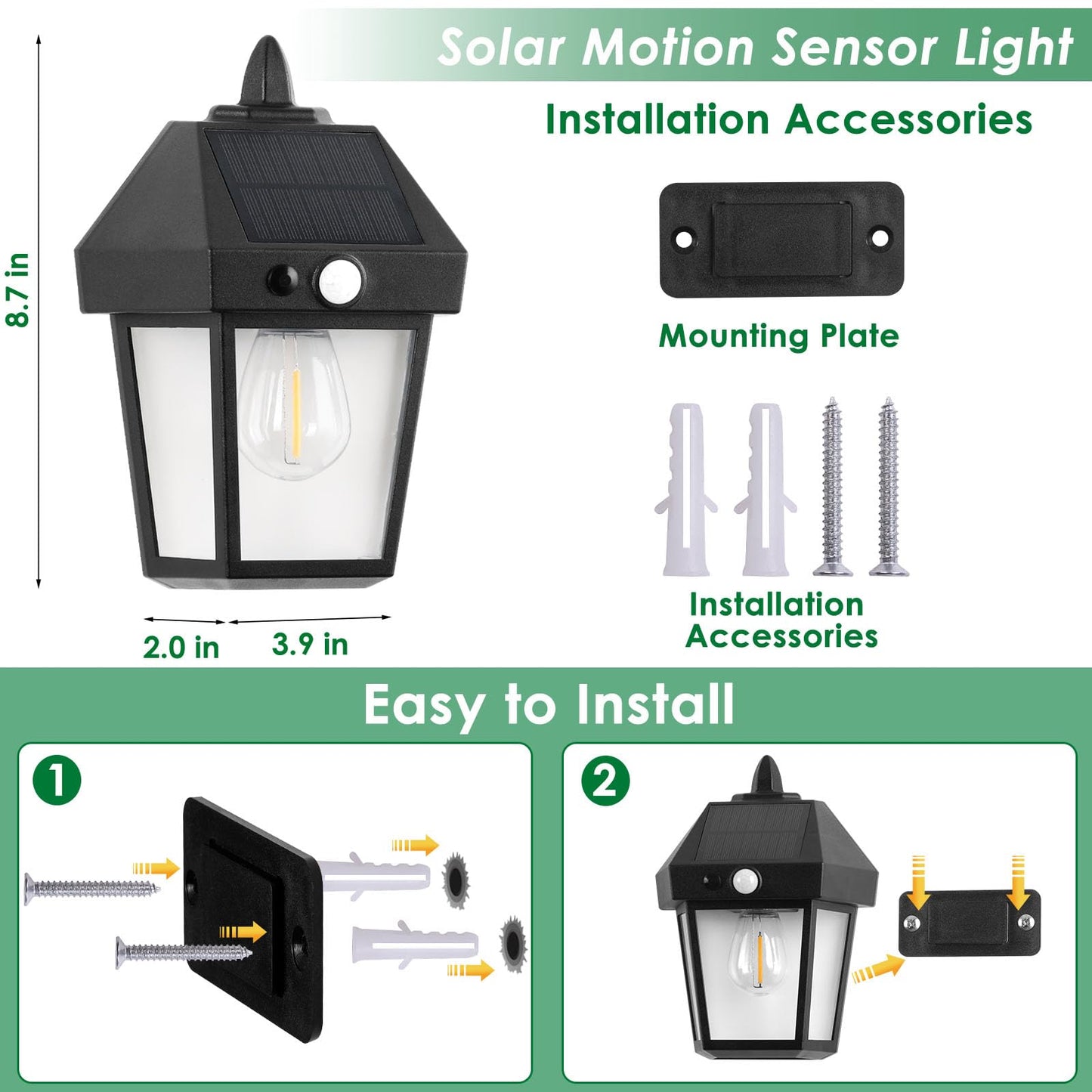 Solar Wall Lights Outdoor with 3 Modes, Dusk to Dawn Motion Sensor Solar Lights Outdoor Waterproof Patio Lights for Porch Front Door Garage Yard (2)