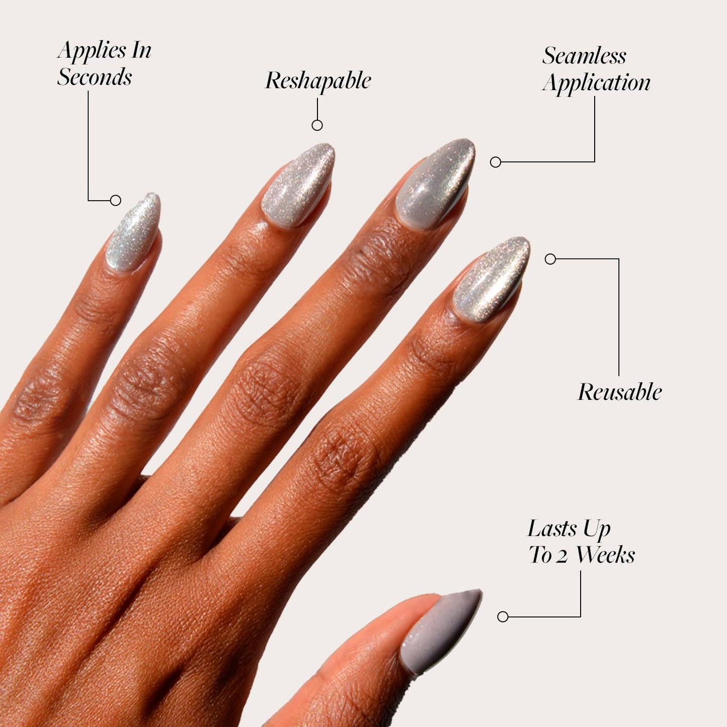 Glamnetic Press On Nails - Oslo | Short Almond Silver Shimmer Fake Nails with a Cat Eye Finish | 15 Sizes - 30 Nail Kit with Glue