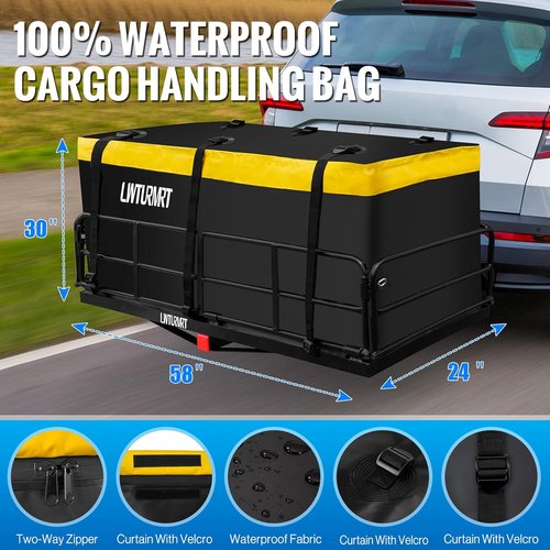 LWTURMRT Cargo Carrier Basket - 58" x 24" Folding Hitch Mount for SUVs | 500LBS Capacity, Black with Bag