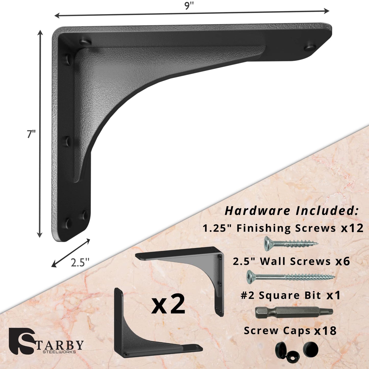 Starby Gladiator Series Solid Heavy Duty Welded 500 Lb Low Profile Granite Countertop Support Shelf Brackets Floating Shelf Discrete Slim 500 LB Capacity (2 Pack) (7" x 9" x 2.5")