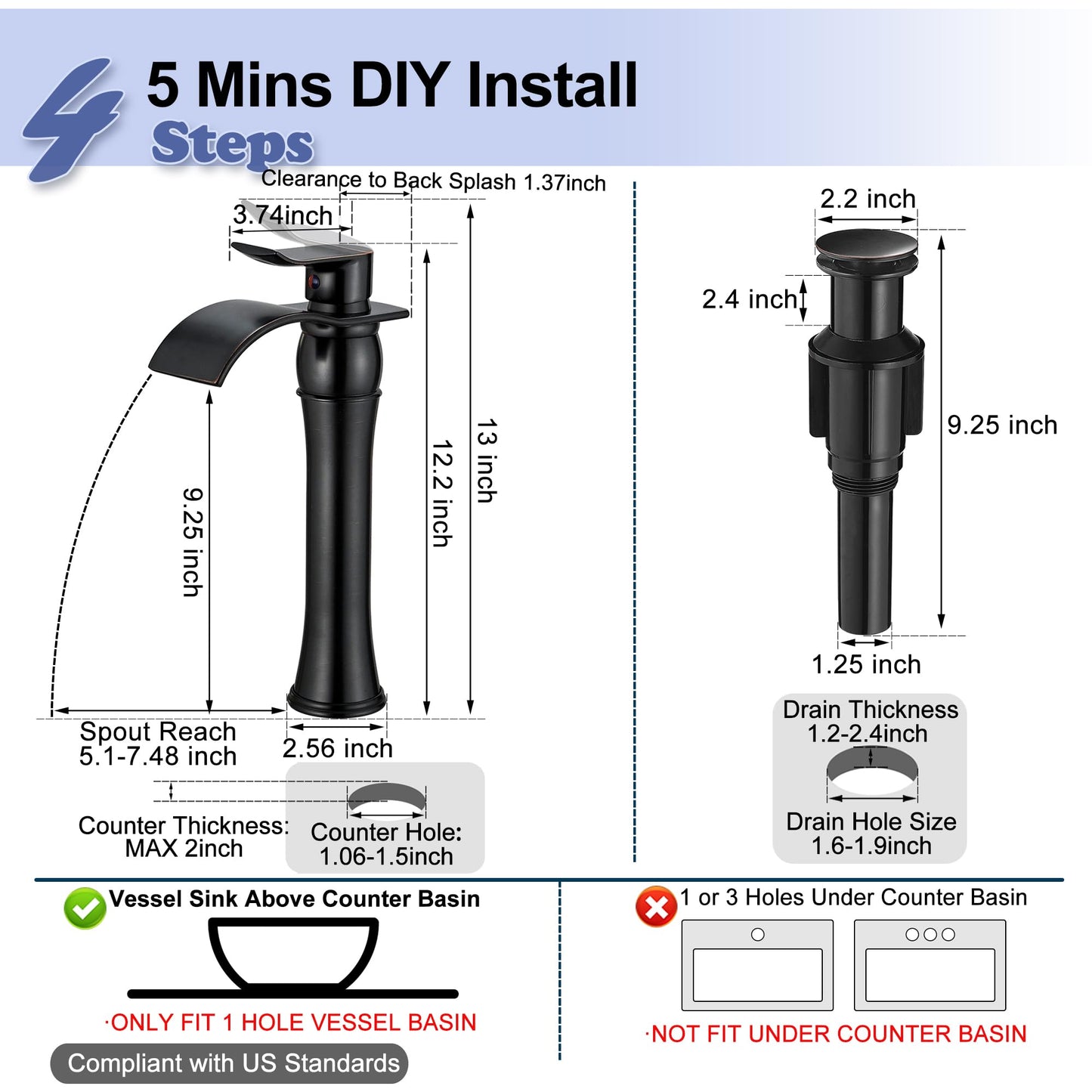 HOIGY Vessel Sink Faucet Oil Rubbed Bronze, Brass Tall Bathroom Faucet Waterfall 1 Hole, Bathroom Faucets Single Handle Bathroom Sink Faucet Bronze with Pop-Up Drain & Water Hoses for Farmhouse