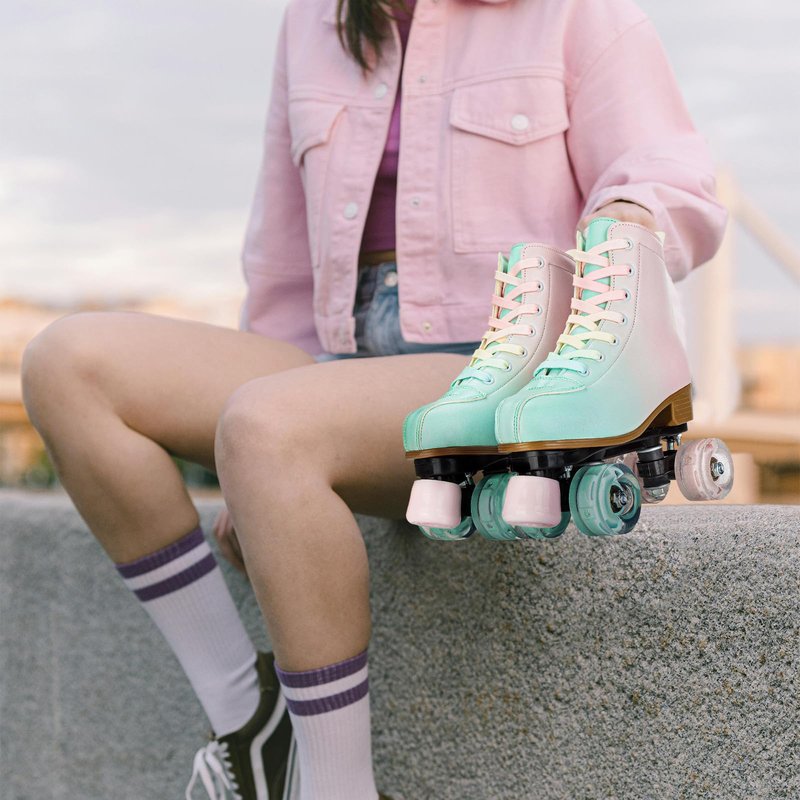 Tmore Quad Roller Skates for Women and Girls, Double-Row Light Up Roller Skate for Indoor Outdoor High Top PU Leather Kids Roller Skates Four-Wheel Adjustable Skates (Green Pink,34)