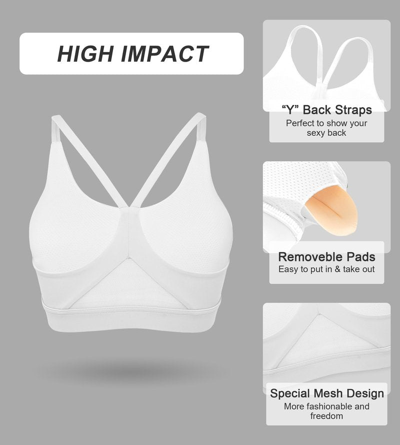 Sports Bras for Women High Support - Womens Spaghetti Strap Padded Yoga Sports Bra - Soft Comfy Y Back Workout Tops Gym, White, M