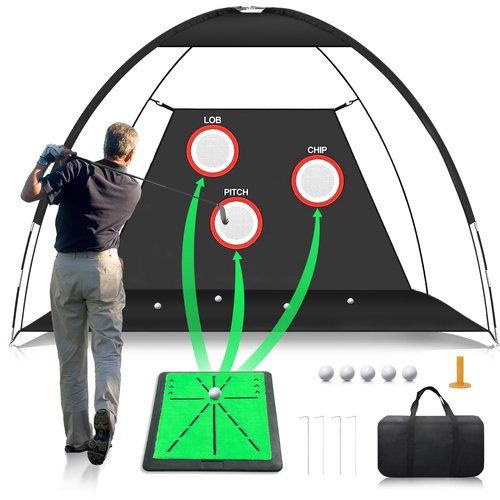 Golf Net, 10x7FT Golf PracticeNet with Swing Mat, Golf Hitting Net for Backyard Driving, Indoor/Outdoor Training Chipping Aid Nets with Targets, Gifts for Men/Dad/Him