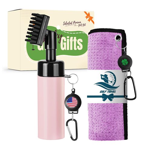 Golf Club Clean Brush Towel Value Set with Strong Magnetic Retractable Carabiner, Squeeze Water Bottle Microfiber Absorbent Towel for Golf Bags Accessory Iron Care Men Women (Pink Brush&Towel)