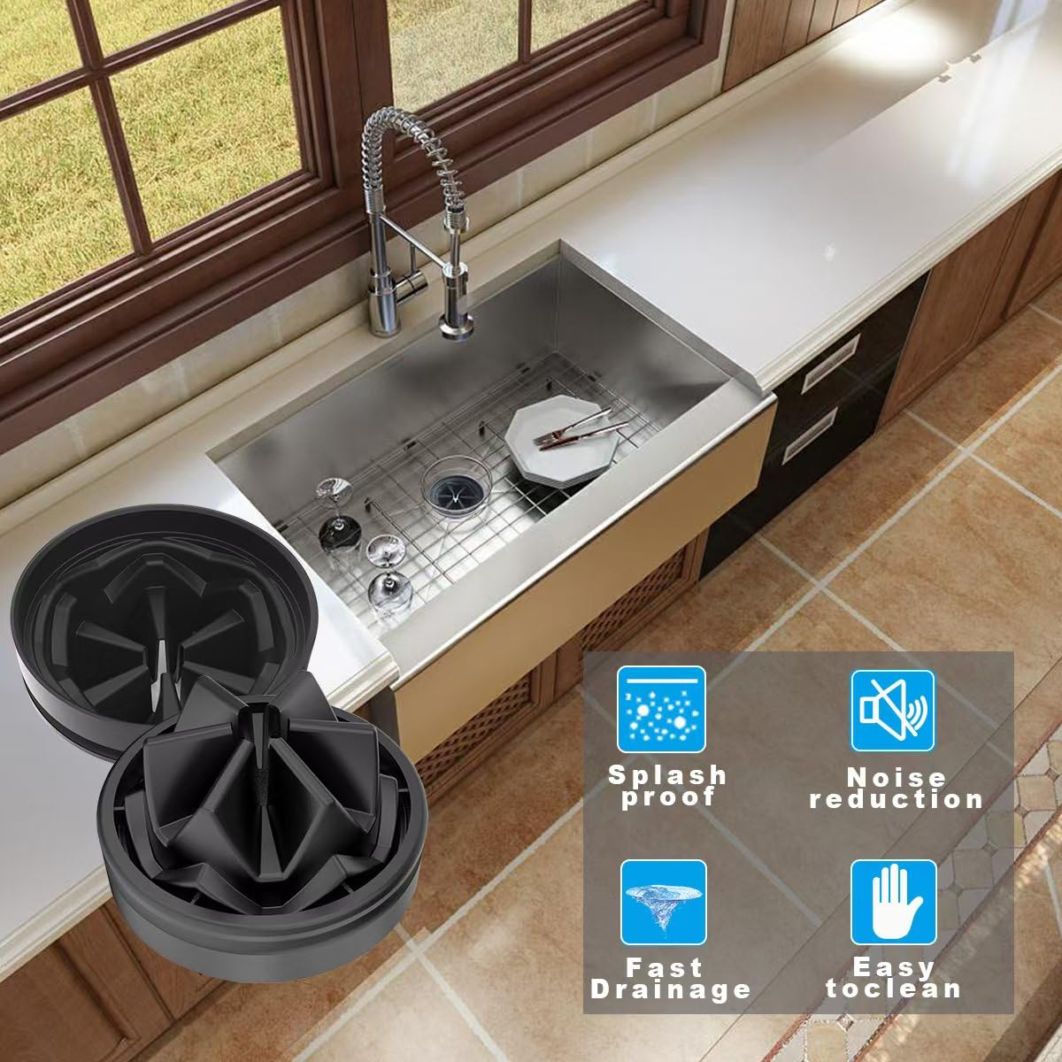 2 Pack Garbage Disposal Splash Guard 3 3/8 Inch, Sink Baffle for InSinkErator Evolution & Most 3-Bolt Models, Upgraded Removable Quiet Collar with Noise Reducing Petal Design