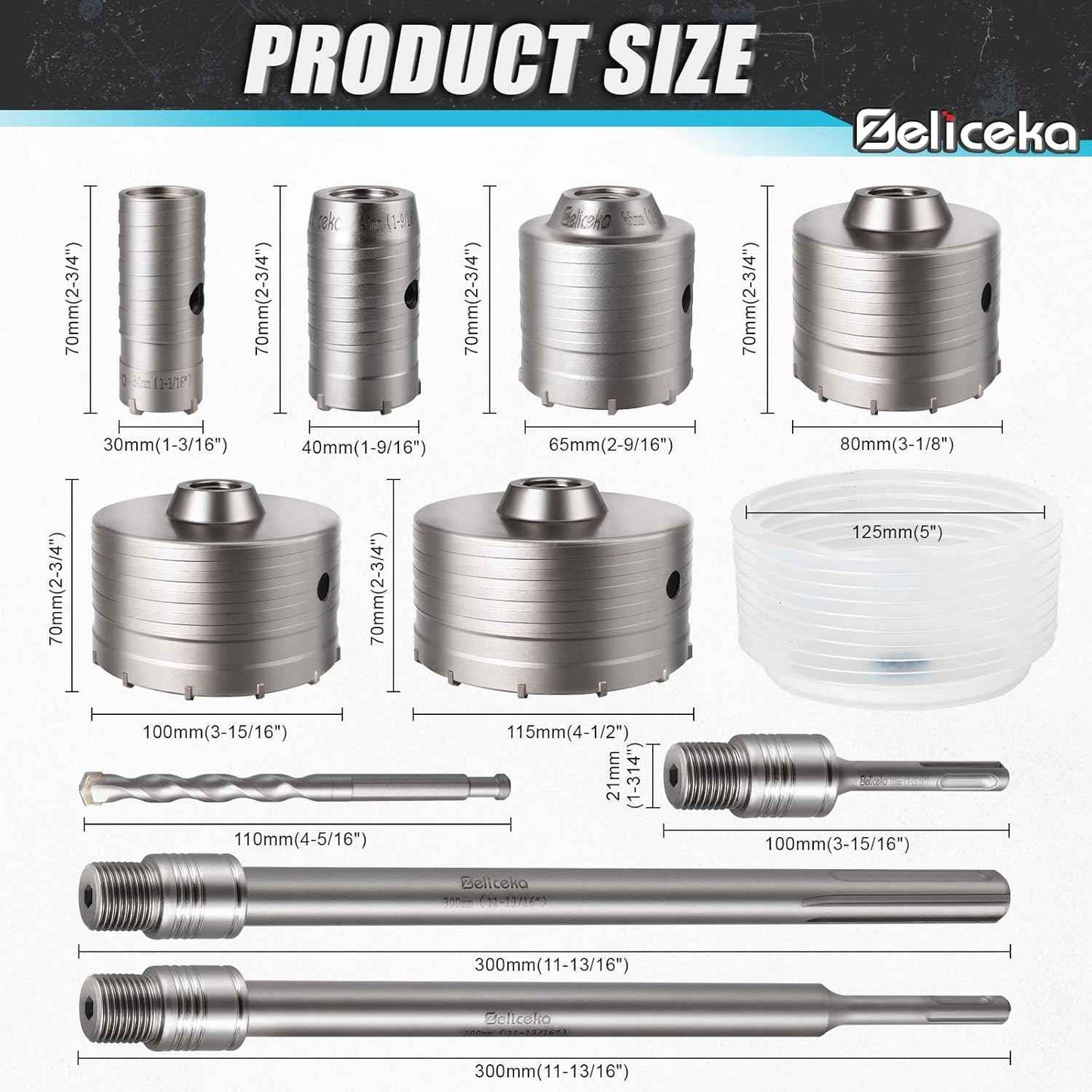 Concrete Hole Saw Kit with Dust Bowl - 30-115mm SDS Plus Set for Brick, Stone & Cement