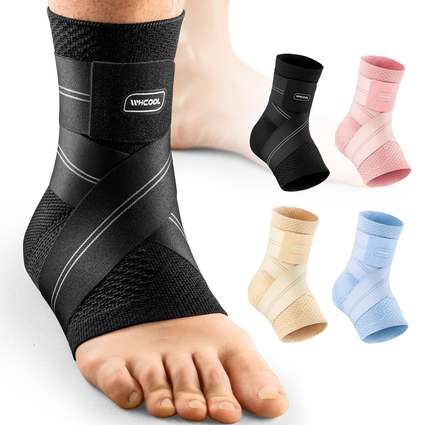 WHCOOL Flat Knitting Ankle Brace for Women&Men, 7-Zone Dynamic Compression Sleeve w/Flex Strap,Foot Support for Sports, Sprained Ankle, Achilles Tendonitis, Plantar Fasciitis Relief(Pack of1) M,Blue
