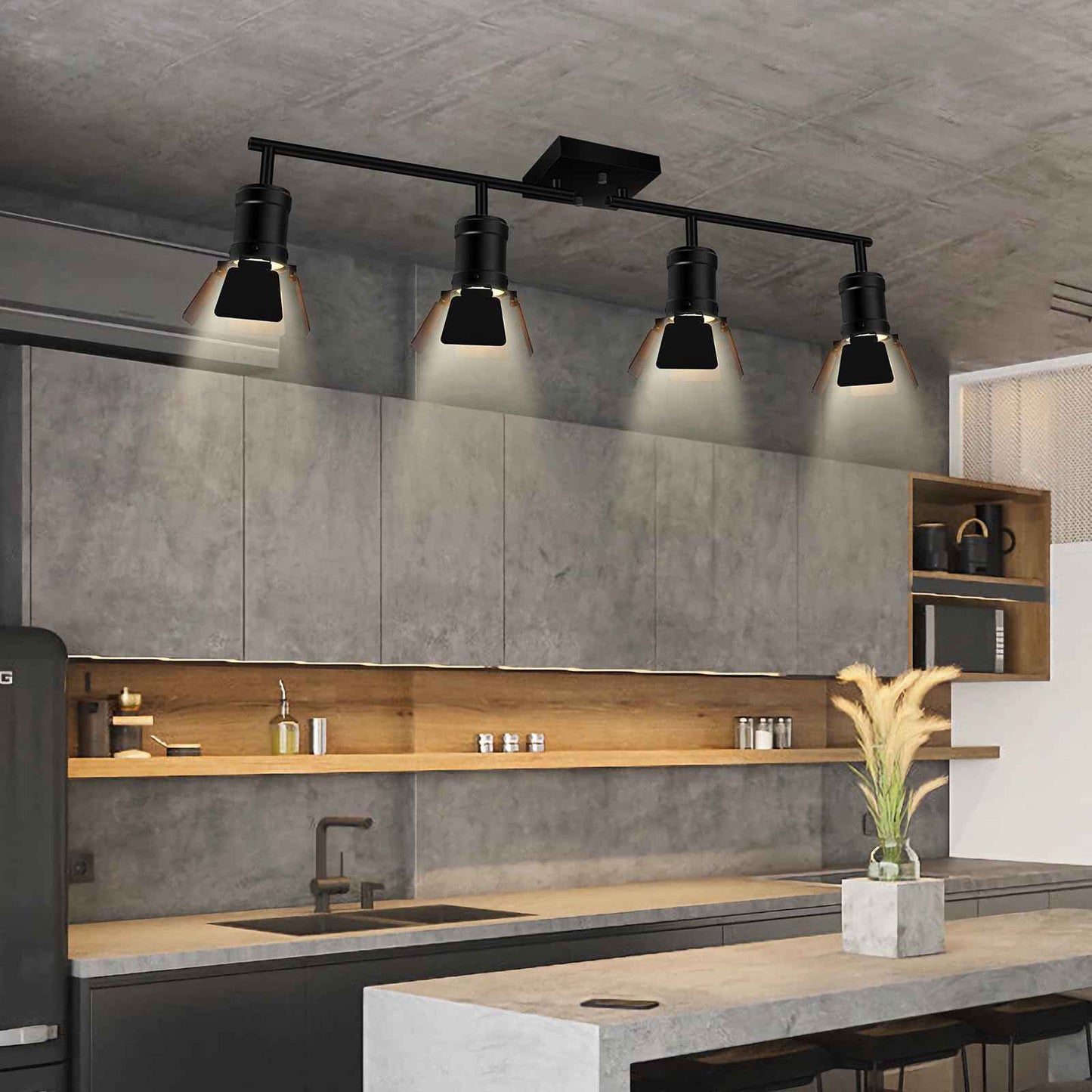 Bricosmocon 4 Light Track Lighting Fixtures Ceiling, Black Track Lighting with Rotatable Heads, Vintage Industrial Ceiling Spotlight Light for Kitchen/Living Room/Bedroom,GU10 Bulb Not Included