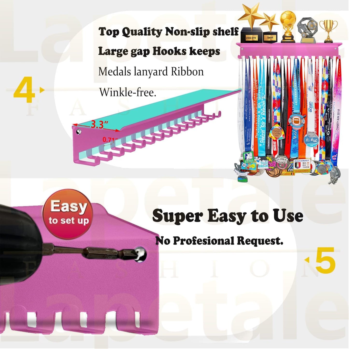 Skiennix Non-Slip Trophy Shelf | Medal Display Rack with 16-Inch Length for Gymnastics, Soccer, Swim