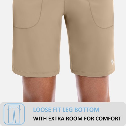 SANTINY Women's Athletic Bermuda Shorts High-Waisted Long Shorts for Women Running Yoga Lounge with Pockets（Khaki-XL