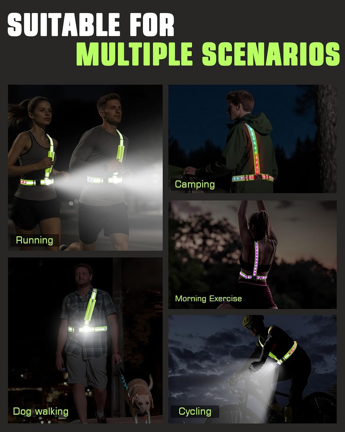 Zacro LED Reflective Vest - 500LM Rechargeable Light Up Running Gear | 5 RGB Colors, IPX4 Waterproof, Adjustable for Men & Women