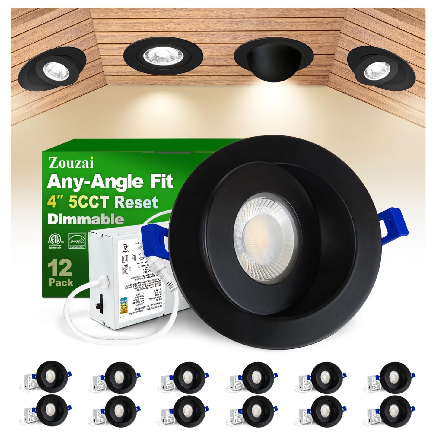 zouzai Classic 4 inch 5CCT Gimbal LED Recessed Light, 360°+90° Adjustable Directional Retrofit Eyeball Can Light with J-Box, Dimmable 2700K/3000K/3500K/4000K/5000K, ETL Certified (Black,12 Pack)
