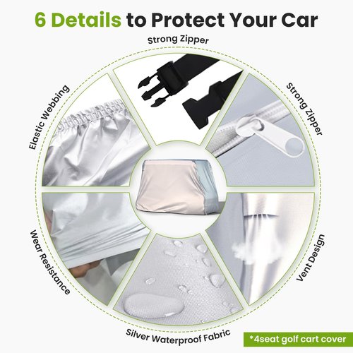 BENVOL 2/4 Passenger Golf Cart Cover for Yamaha EZGO Club Car, 420T Waterproof Polyester with Silver Coating,Waterproof,Dustproof,Windproof,Sunproof，All-Weather Protection (Silver-112 * 48 * 73 in)