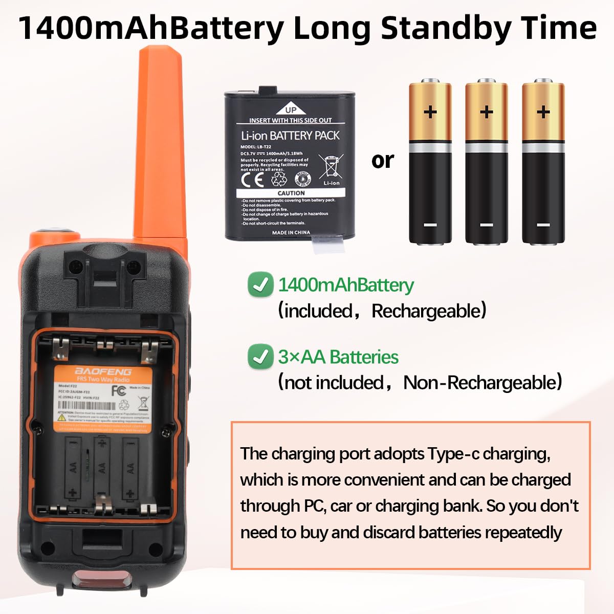 Walkie Talkies Long Range for Adult, 4Pack Rechargeable Baofeng Walkie Talkie F22 FRS Two Way Radio 1400mAh Li-ion Battery,USB-C Cable, NOAA with Flashlight for Camping Family