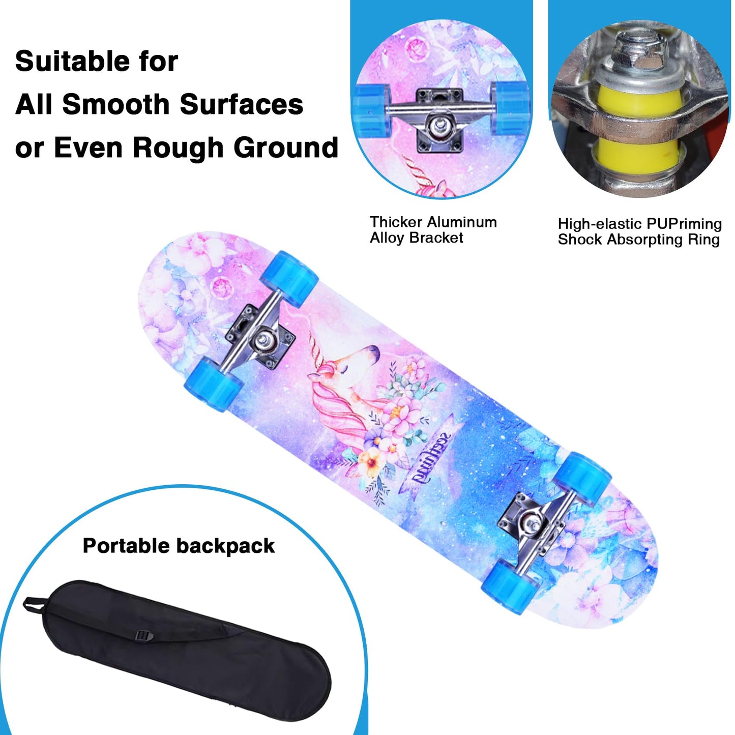 Skateboards for Beginners Kids Boys Girls and Adults,31''x8'', 7-Layer Maple, Double Kick Concave, Fascinating Cool, Solid&Durable