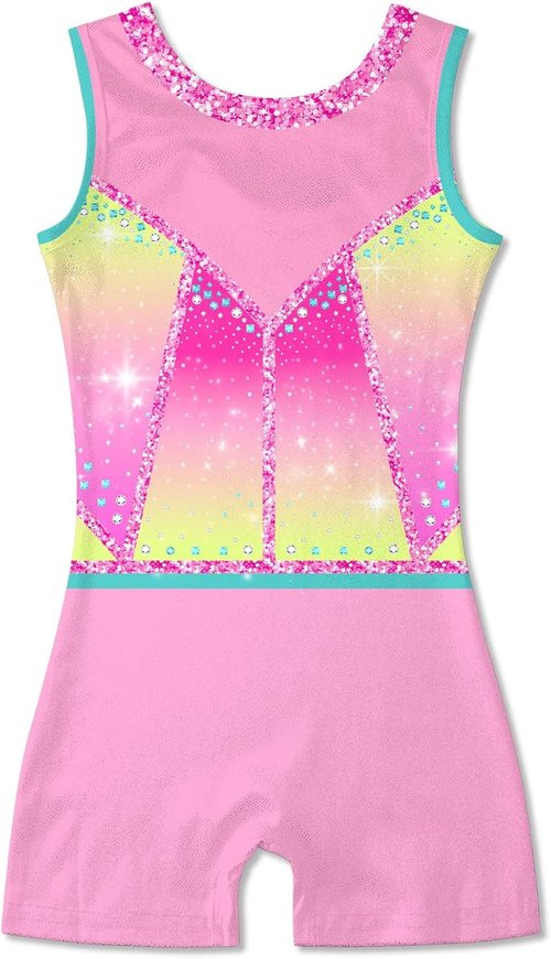 Funnycokid Girls Gymnastics Leotards - Sparkle Dance Unitards with Shorts | Mermaid Design, Ages 2-10