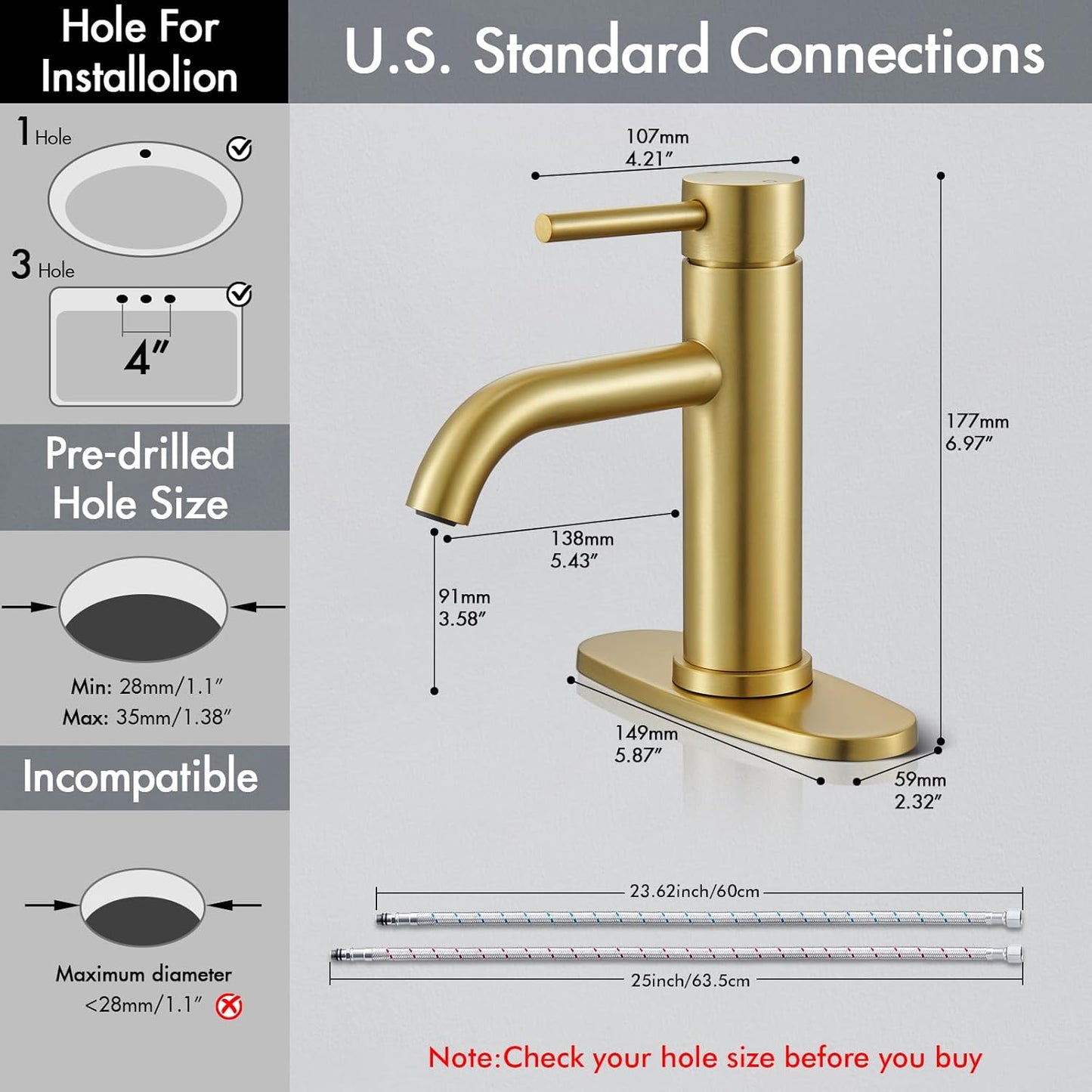 WINKEAR Gold Bathroom Faucet - Modern Single Hole Sink Faucet with Pop-up Drain & Flexible Hoses