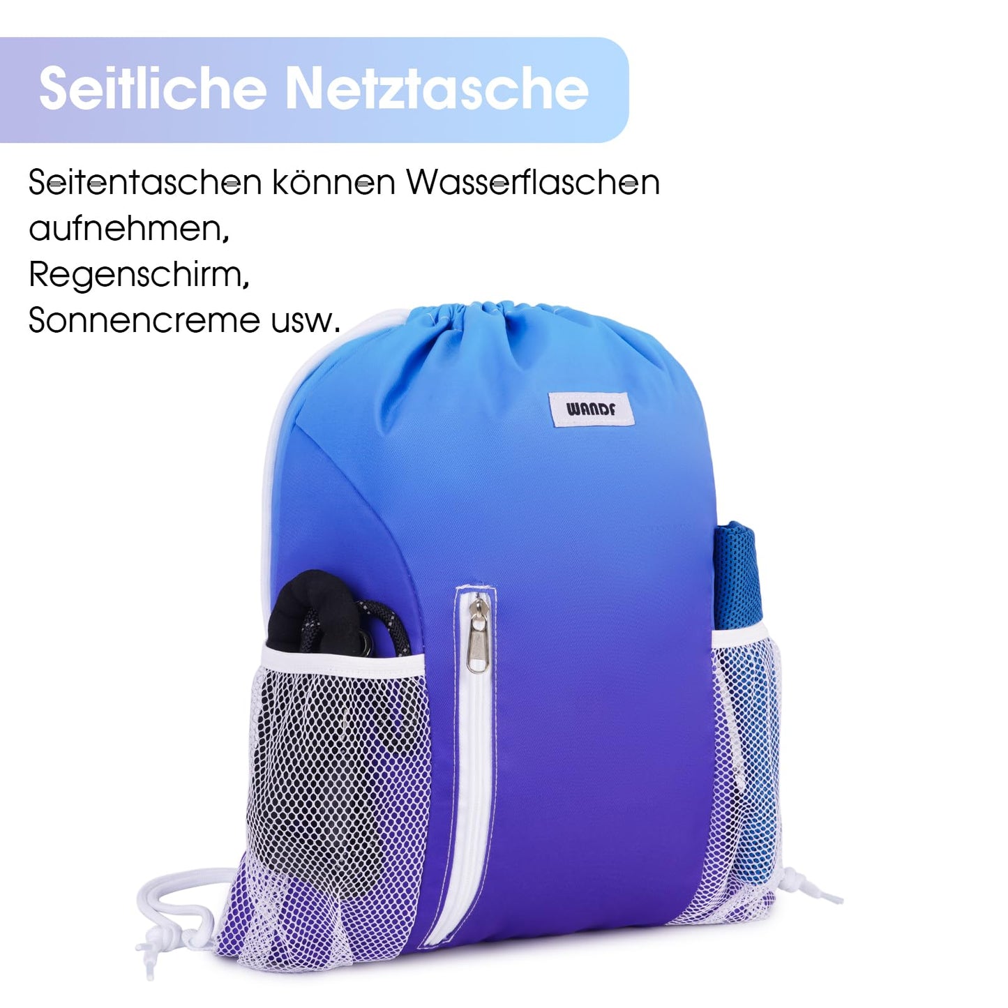 WANDF Drawstring Backpack Sports Gym Sackpack with Mesh Pockets Water Resistant String Bag for Women Men (Blue)