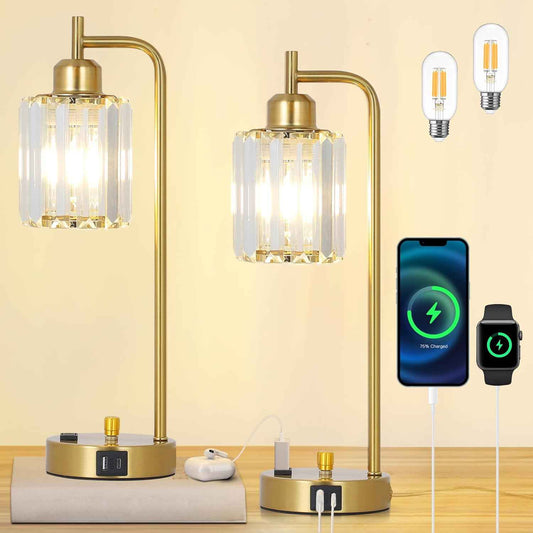 Modern Gold Crystal Table Lamps Set of 2 with LED Bulbs & USB Port - Elegant Bedside Lighting