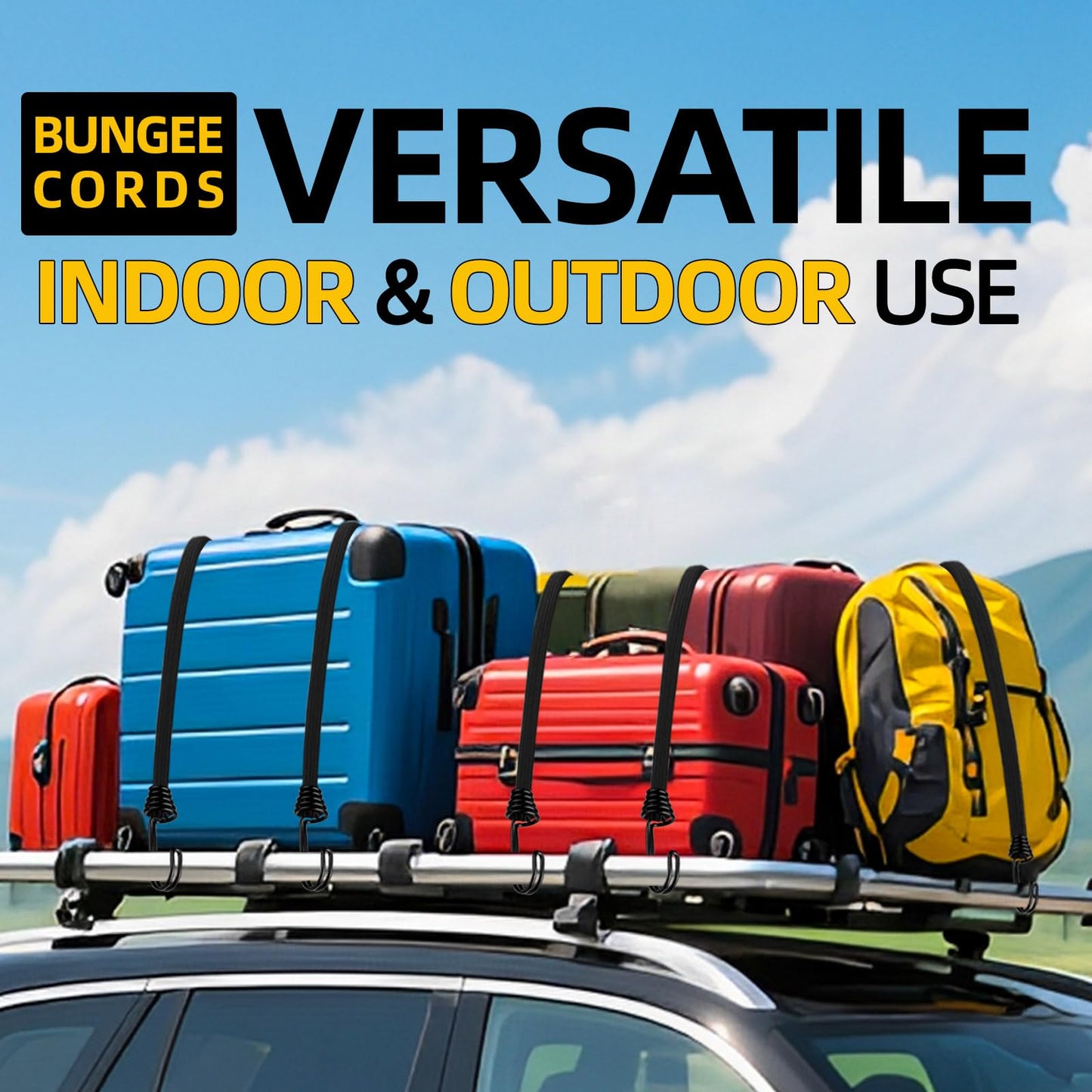 Bungee Cords with Hooks Heavy Duty, 36inch Flat Strong Outdoor Black Bungee Straps, Secure Load Distribution Industrial Grade Bungee Rope for Securing Luggage, Tarps, Tents, Cart, Bike Rack, 4pcs