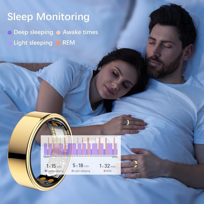 Ring Health Tracker for Women Men, Fit Ring with Heart Rate, Blood Oxygen, Sleep Monitor, Calories, Step Counter, IP68 Waterproof Smart Ring for iPhone & Android, No Subscription Fee (Gold, 10#)