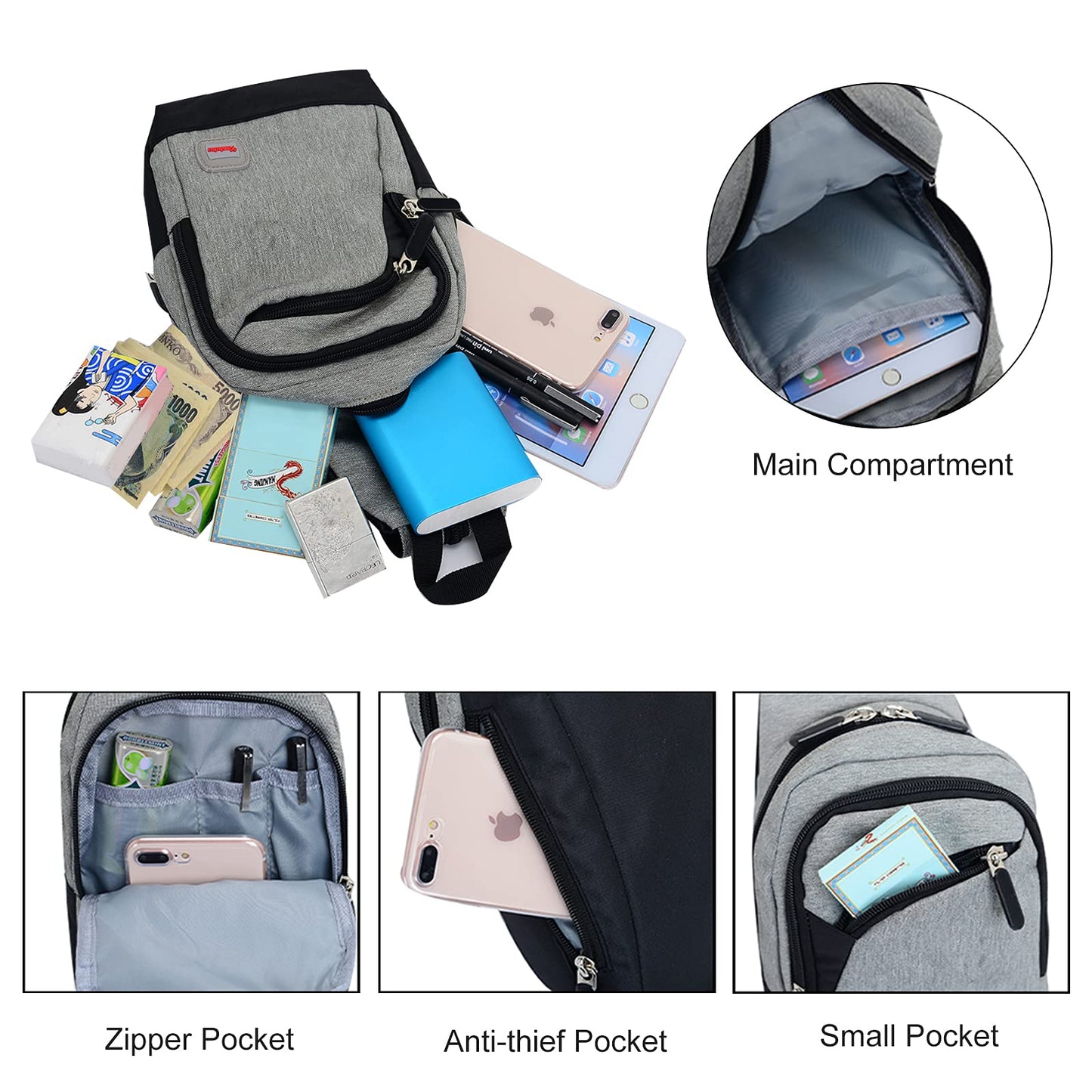 Peicees Mini Sling Bag for Women Mens Convertible Crossbody Backpack Small Shoulder Bag Chest Daypack with Zipper Strap