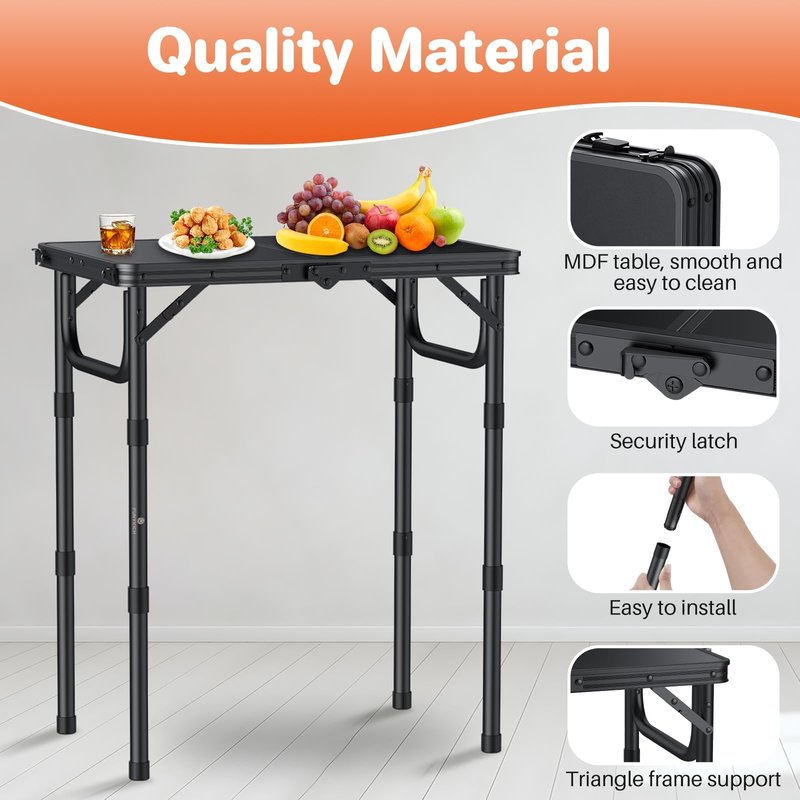 FUNYKICH 2ft Small Folding Camping Table(22.8'' Lx15.7'' W), 3 Height Adjustable Portable Picnic Table, Lightweight Aluminum Outdoor Table with Carry Handle for Camping, BBQ, Beach, Picnic, Black