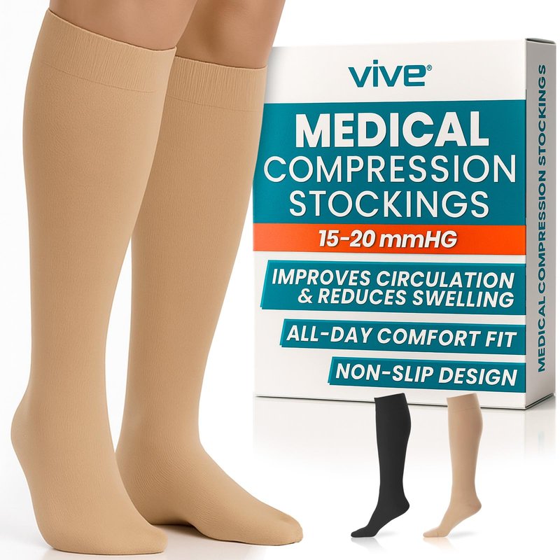 Vive Knee High Compression Socks for Women & Men – 15-20mmHg Medical Support Stockings for Varicose Veins, Swelling, Soreness & Airplane Travel – Breathable TED Hose for Legs & Feet (Beige,Black) (Beige, XX-Large)