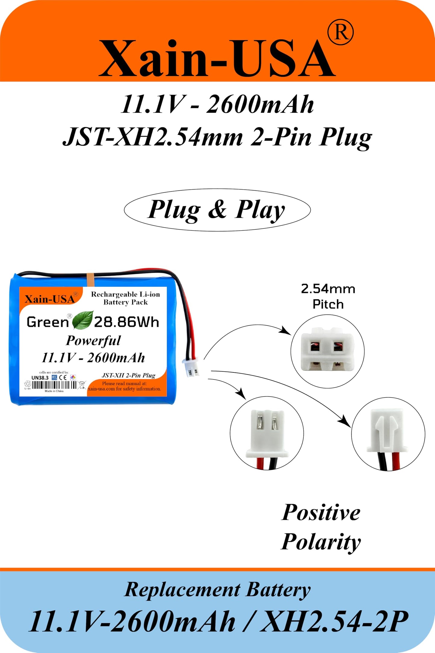 Xain-USA Powerful Replacement 11.1V Li-ion Battery. 2600mAh Capacity, 3S1P config, JST-XH 2.54 Connector, Built-in BMS. Ideal for Super LifeJacket Jolt Rugged IMW888S, IMW889N-BLKC.