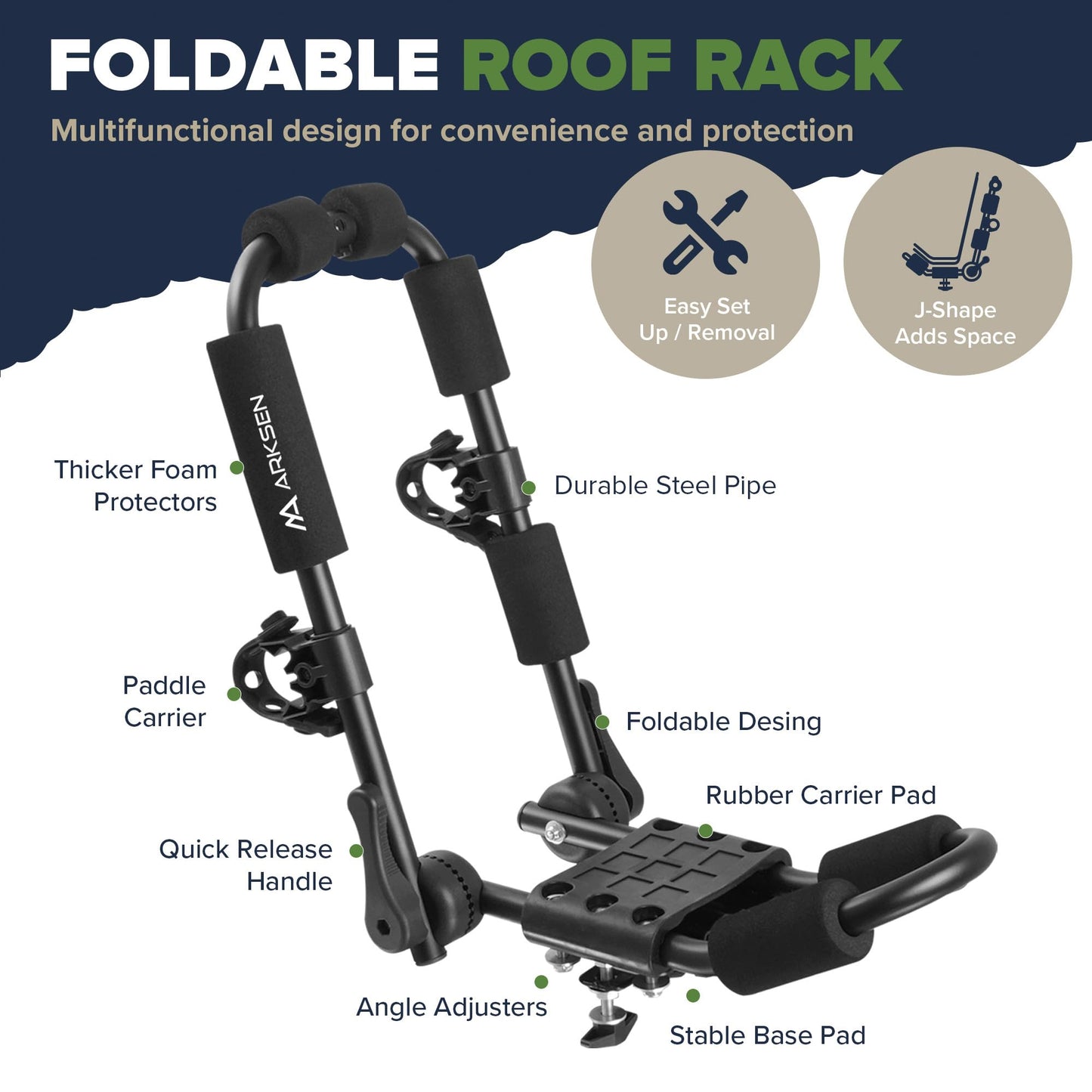ARKSEN 2 Pair Universal Folding Kayak Roof Rack Heavy Duty Adjustable J-Bar Kayak and Canoe Carrier with 4 Lashing Straps, 4 Stern Tie Down Straps for Cars, SUVs, and Trucks