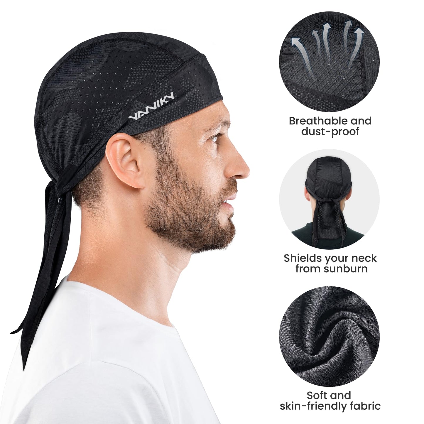 YANIKY Bandana Skull Caps for Men Women Quick-Drying Cooling Do Rag Breathable Durag Cap Helmet Liner for Cycling Running Black