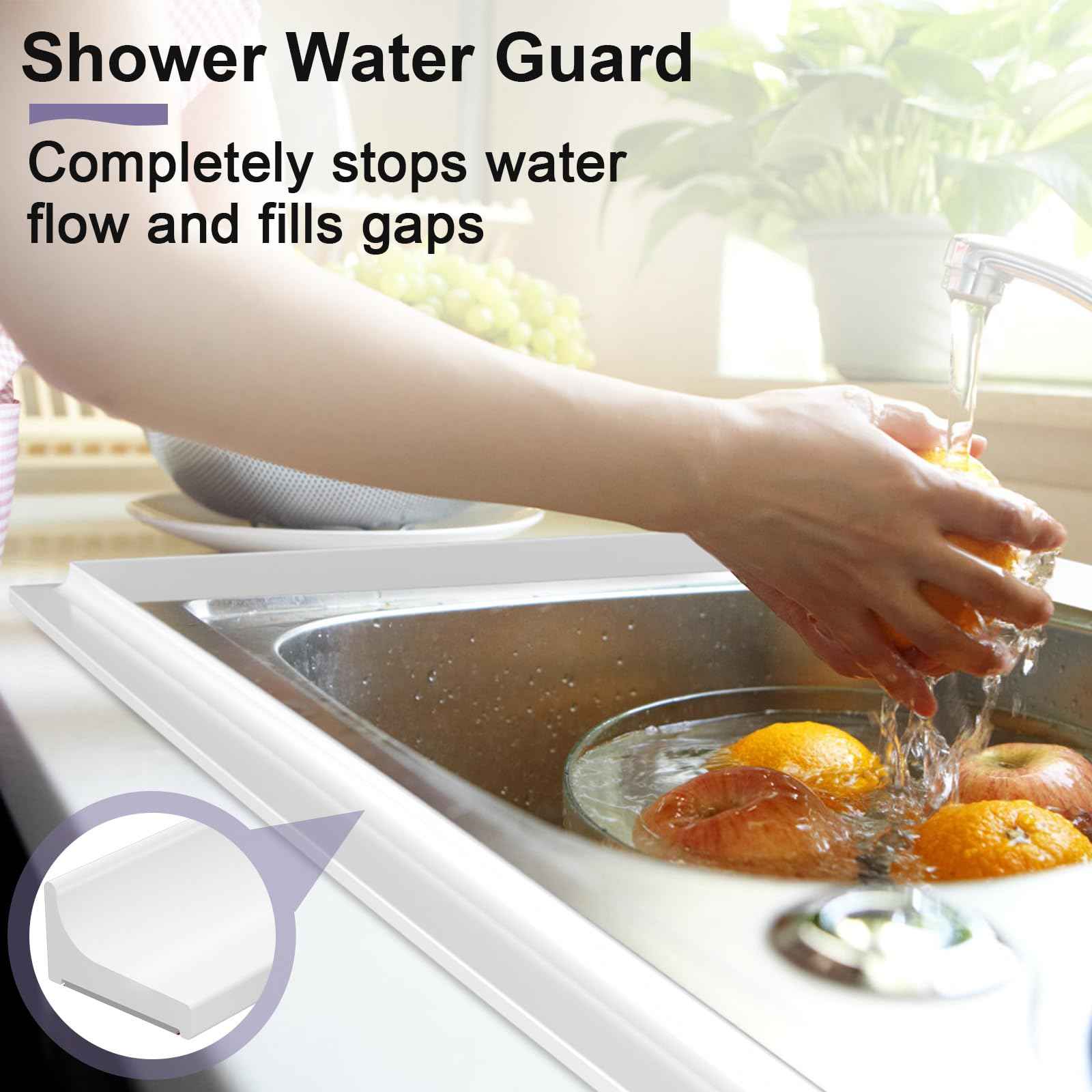 Hzetuu Shower Threshold Water Dam Barrier - Versatile, Silicone Shower Water Guard Stopper Seal Strip for Bathroom Floor, Bathtub Rim, Kitchen Countertop (White, 98 In/ 2.5M)