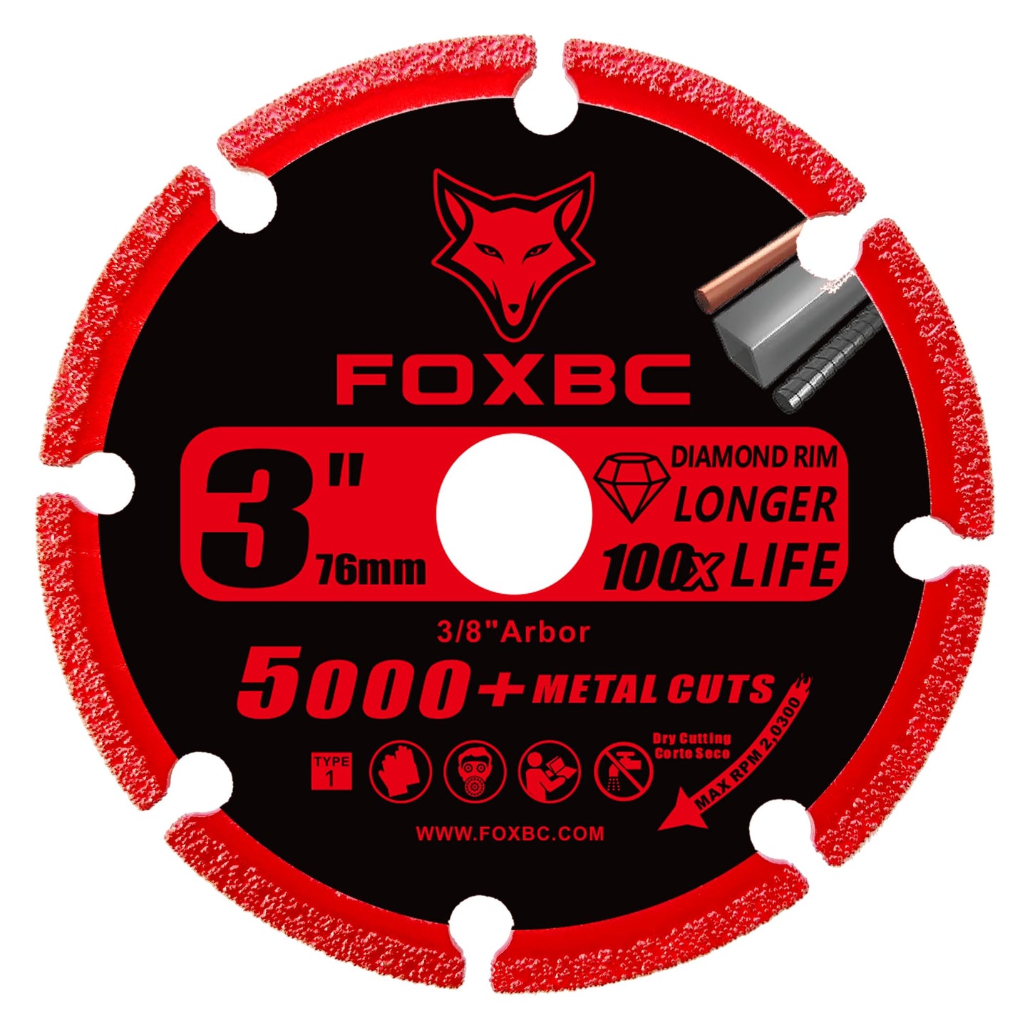 FOXBC 3 Inch Diamond Cut Off Wheel with 5000+ Metal Cutting on Rebar, Stainless Steel, Angle Iron, 3/8" Arbor - 3 Pack
