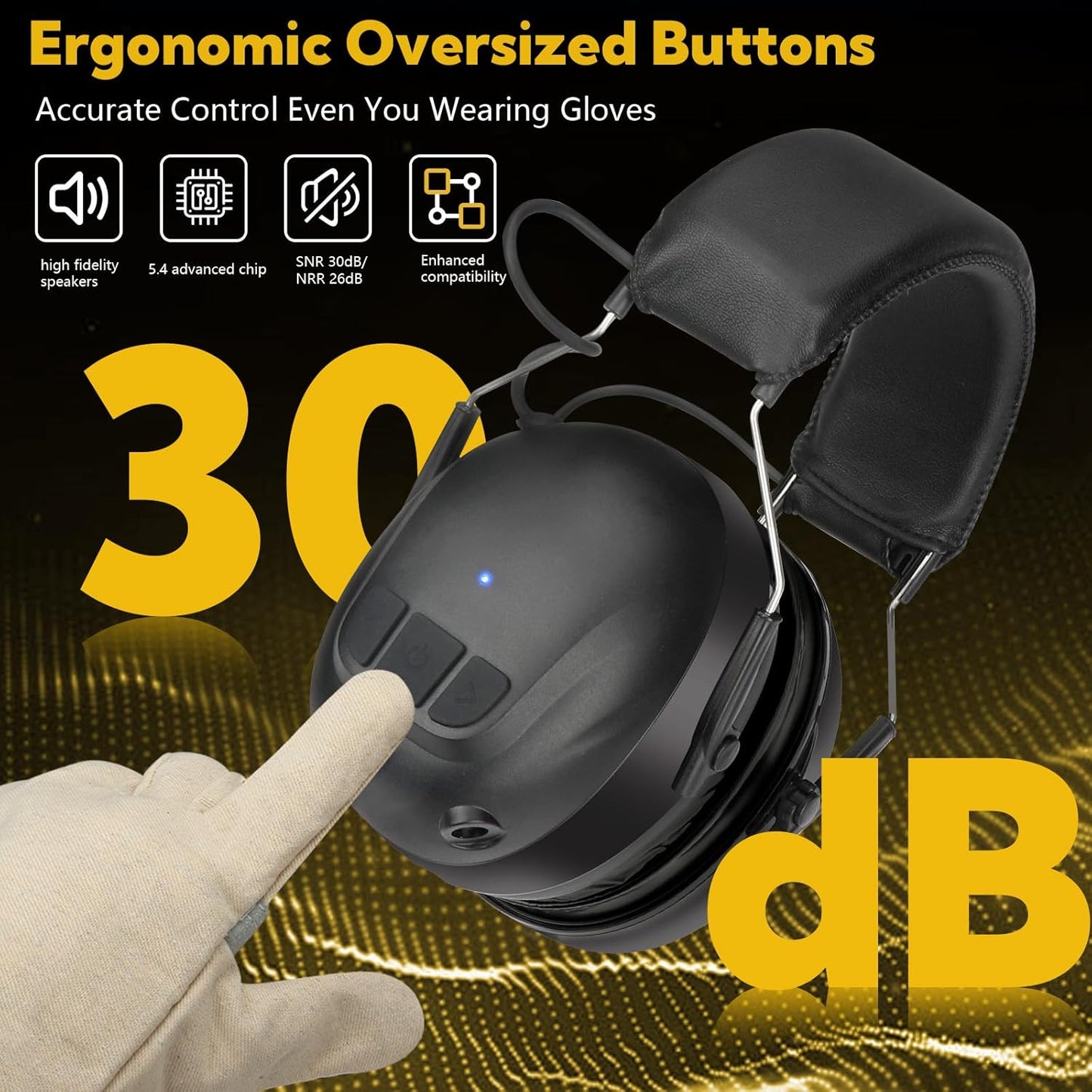 Bluetooth 5.4 Hearing Protection Earmuffs - 120H Rechargeable 30dB Safety Headphones with Mic for Mowing & Construction