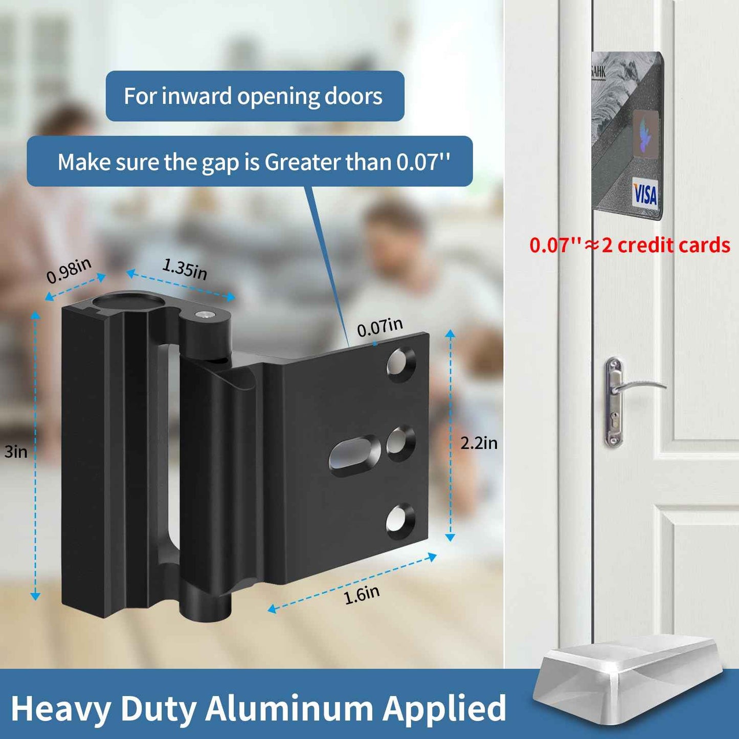 Home Security Door Reinforcement Lock Safety Latch Extra Front Doors Security Devices, Anti Door Kick in Safety Protector for Door Inside, Child Proof Aluminum Locks Black 2Pack