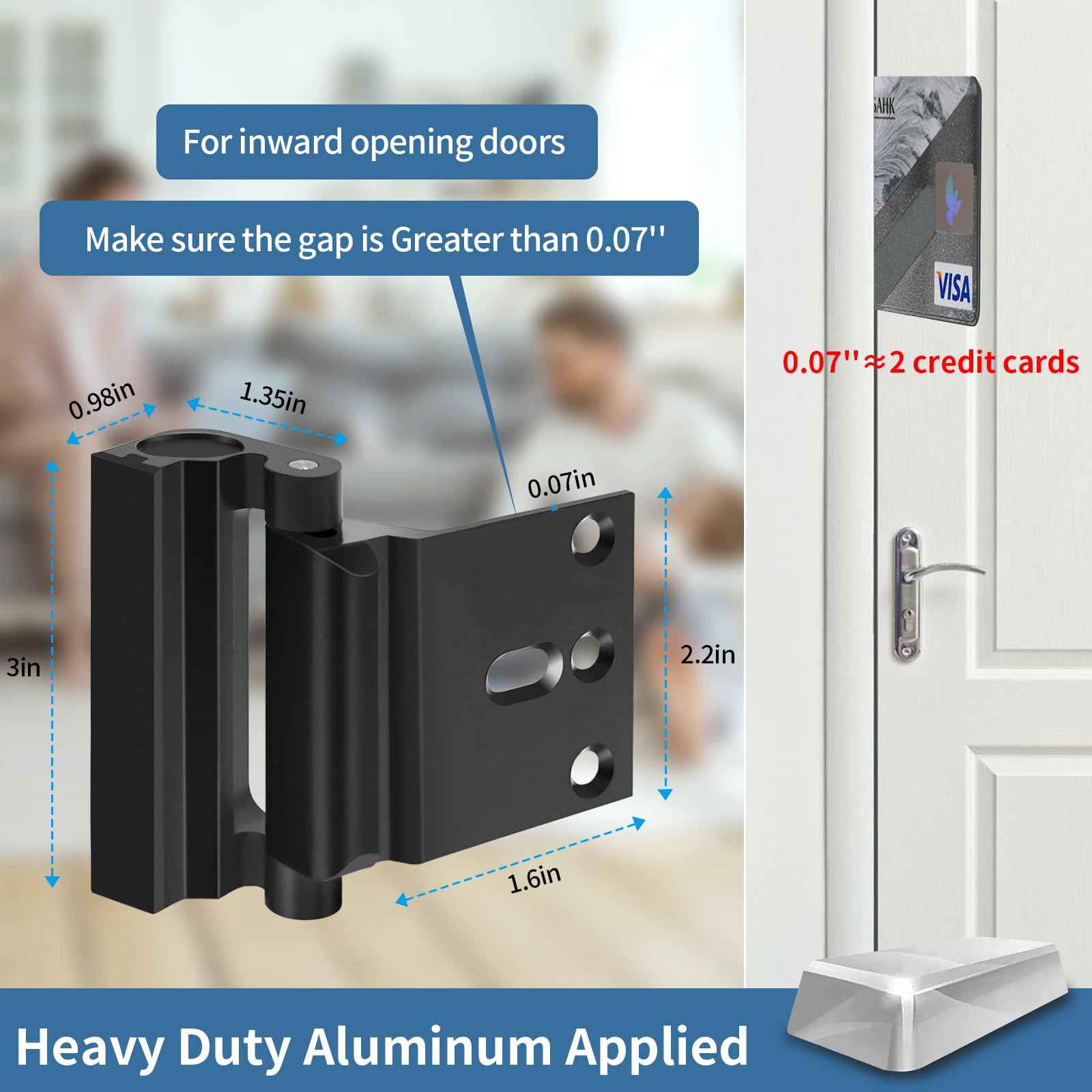 Home Security Door Reinforcement Lock Safety Latch Extra Front Doors Security Devices, Anti Door Kick in Safety Protector for Door Inside, Child Proof Aluminum Locks Black 2Pack