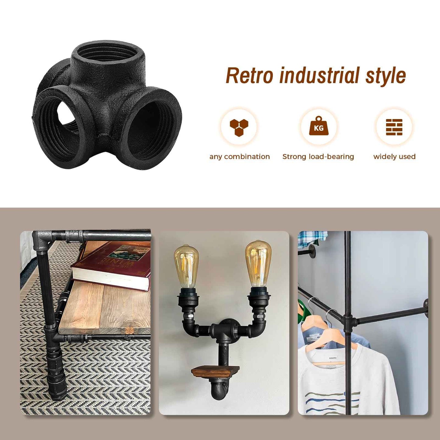 1" Black Pipe Fittings 4-Way Side Outlet Tee - Home Expert 4 Pack Malleable Cast Iron Threaded Pipe Fittings for Industrial Pipe Shelves Bracket, Vintage Industrial Pipe Furniture